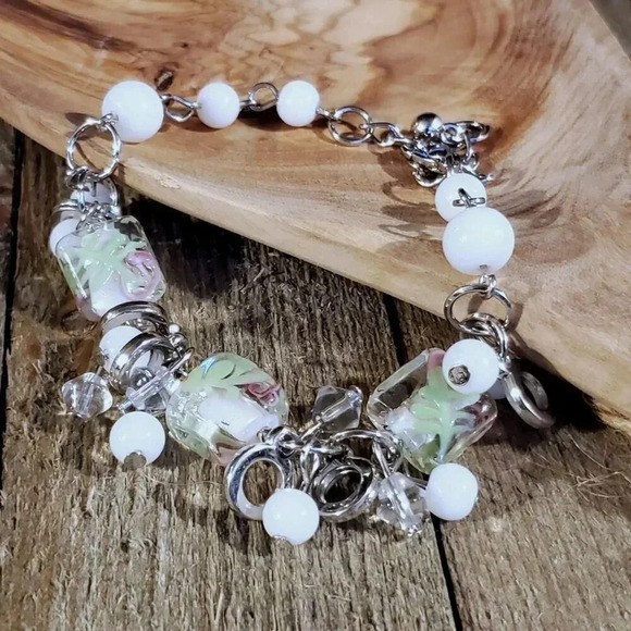Vintage Murano Glass Beads White Silver Baubles Charm Bracelet Style C - Picture 5 of 5